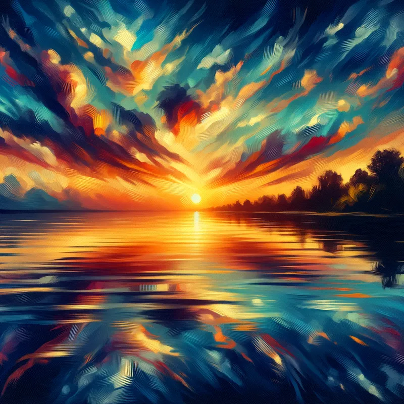 Luminous Lake at Dusk - A depiction in the style of an oil painting showcasing the time when daylight fades into the serene embrace of the evening over a tranquil lake. The sky is alight with the colorful ballet of the sunset, reflected with perfect symmetry in the calm waters below. - AI image generated with Art