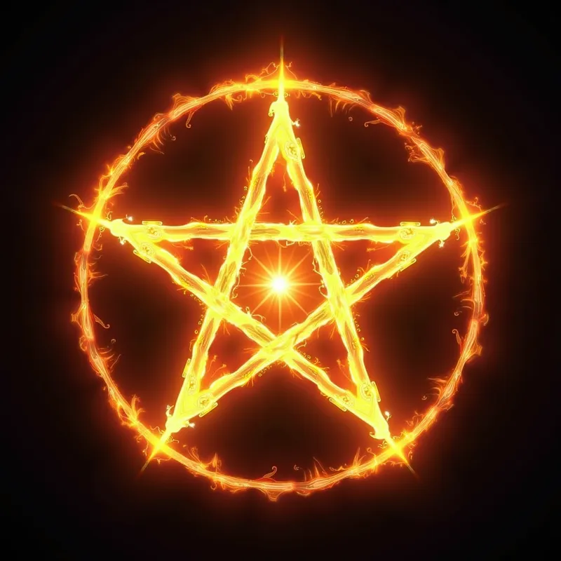 Luminous Pentacle - The image captures a flaming pentagram star, crowned with a cross of vibrant light, all set within an outer circle that shines with extraordinary brightness. - AI image generated with Photorealistic 2