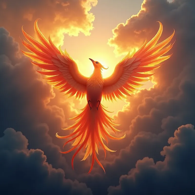 Luminous Rebirth - A phoenix breaking through the clouds at dawn, light radiating from its body, symbolizing the eternal cycle of death and rebirth in a burst of brilliant colors. - AI image generated with Photorealistic 2