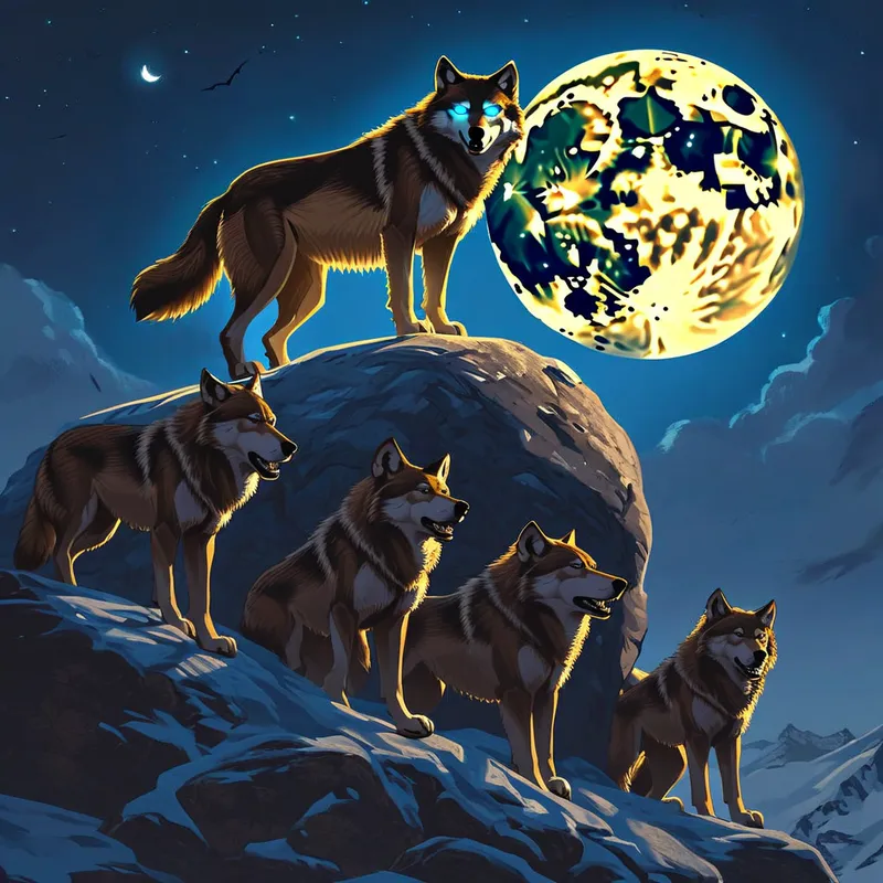 Lunar Alpha's Ascent - A dramatic image of a giant brown she-wolf with brilliantly blue eyes standing atop a moonlit boulder, exuding strength and leadership as her wolf army looks to her under a glowing full moon. - AI image generated with Nova Canvas