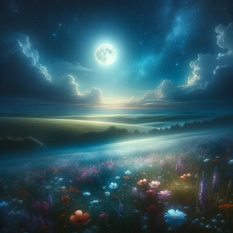 Lunar Flower Fantasy - A dreamy landscape where flowers bathe in the gentle light of a full moon, under a vast and starry night sky - AI image generated with Art