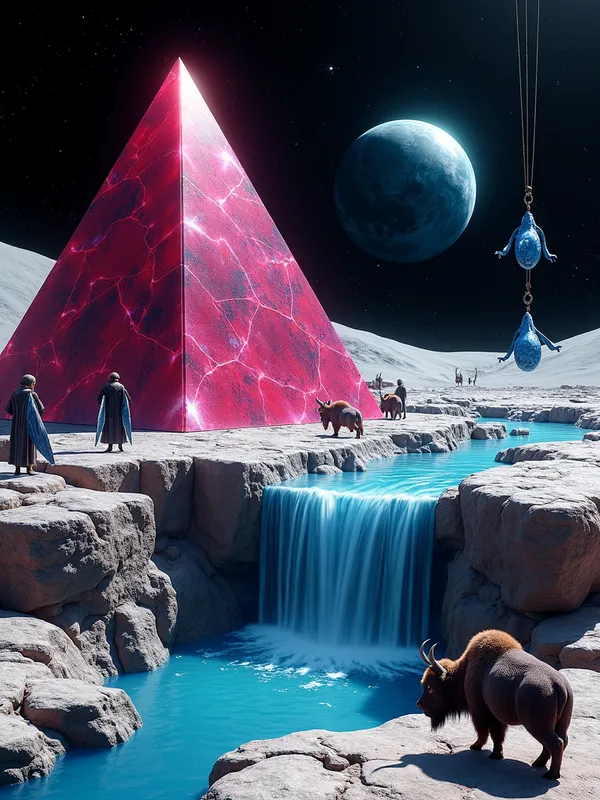 Lunar Landscape with Ruby Pyramid - Tangra AI Image Generator