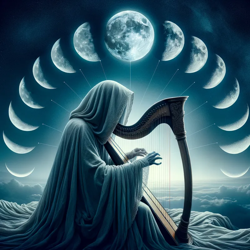 Lunar Lullaby - A harp being played by a figure shrouded in a cloak, with the moon and its phases serving as the backdrop, casting a serene glow over the scene. - AI image generated with Art