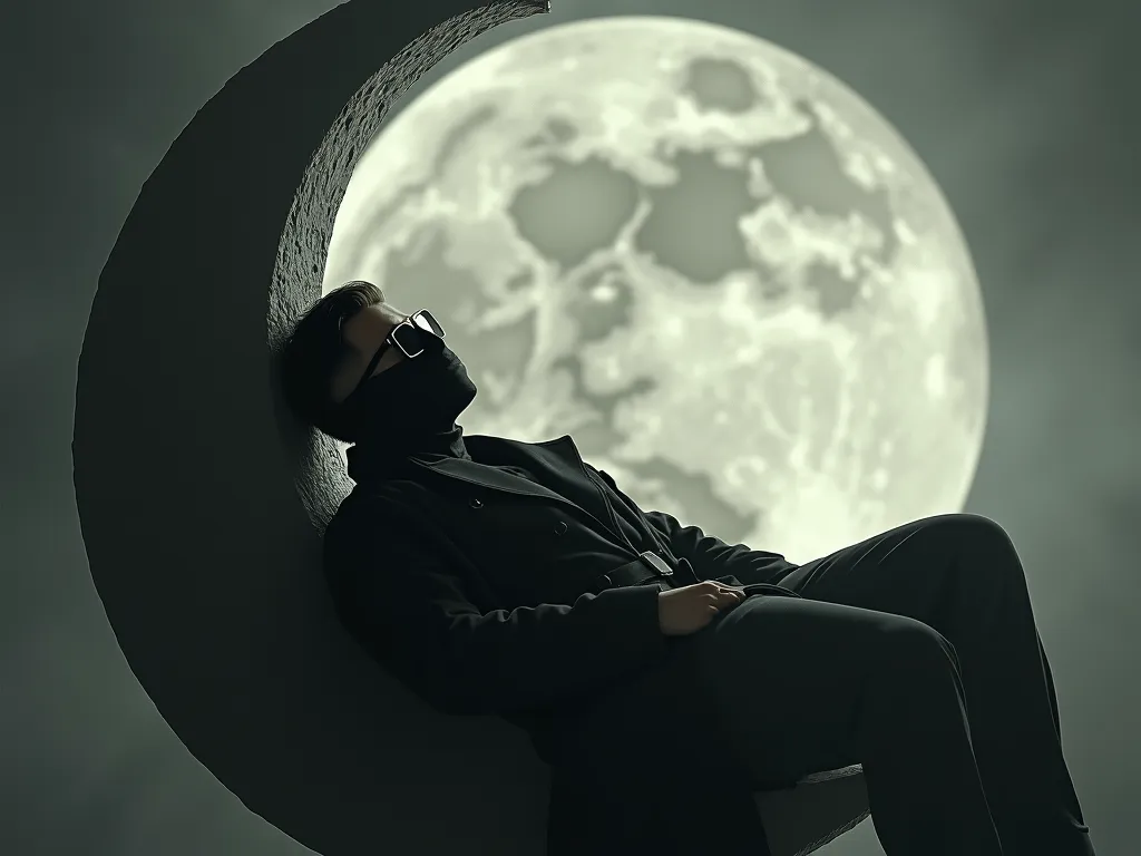 Lunar Observer - a shadowy man laying back on a crescent moon, wearing a black mask, wearing rectangular black shades, looking at the earth, wearing a trench coat made of shadowy mist.  - AI image generated with Photorealistic 2