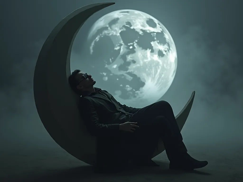 Lunar Spectre - a shadowy man laying back on a crescent moon, wearing a black mask, wearing rectangular black shades, looking at the earth, wearing a trench coat made of shadowy mist.   - AI image generated with Photorealistic 2