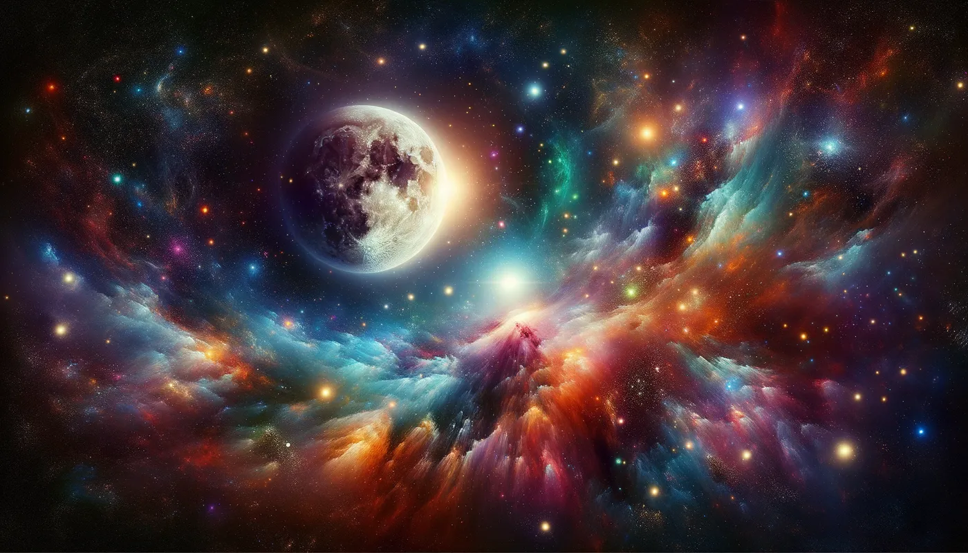 Lunar Spectrum - A stunning portrayal of a multicolored galaxy, enriched with vivid colors and a glowing moon casting its ethereal light across the cosmic landscape. - AI image generated with Art