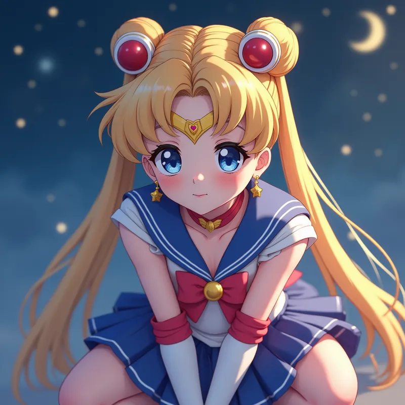 Lunar Tenderness - Close-up of a Sailor Moon-like figure crouched, exuding a gentle, loving demeanor as she looks directly at the observer. The atmosphere is dreamy and filled with lunar motifs, highlighting her comforting expression. - AI image generated with Photorealistic 2