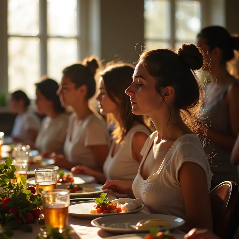Lunch Devotion - A serene and peaceful image of women participating in a devotion during lunch, with gentle sunlight streaming in through the windows and thoughtful expressions on their faces. - AI image generated with Photorealistic 2