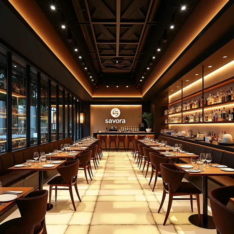Lux Savö  Glow - innovative restaurant with savöra logo, with luminous floor, and the whole environment illuminated, making it look luxurious - AI image generated with Text