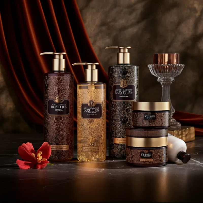 Luxe Cosmetics Quartet - A beautiful visual display of a luxury cosmetics set, featuring four high-end products - shampoo, conditioner, body lotion, and hand cream. The set should be elegantly arranged, with each product showcased in sleek, stylish packaging with gold accents. The background should exude sophistication, with a marble surface and soft velvet drapery. The overall look should convey opulence and premium quality. - AI image generated with Imagen 3