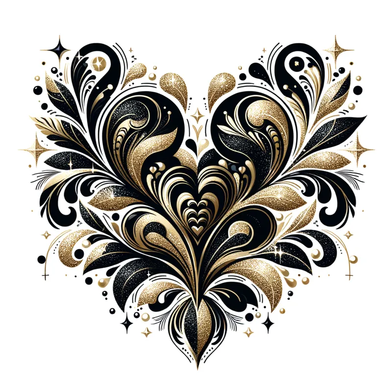 Luxe Hearts - Chic and glitzy black and gold hearts, richly detailed in a graphic style, beautifully contrasting against a white background. - AI image generated with Art