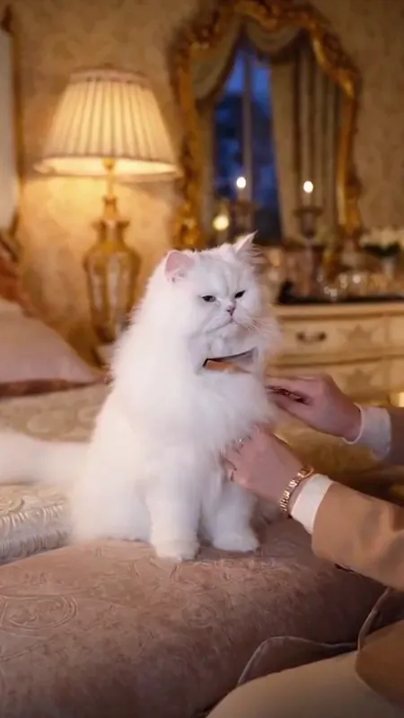 Luxurious Cat Grooming - A highly realistic and dramatic video scene featuring a very beautiful white cat sitting gracefully in an opulent, luxurious bedroom. The room is adorned with elegant furniture, soft golden lighting, ornate decor, and plush fabrics. The cat's owner, dressed stylishly, gently combs the cat's fur with loving care, highlighting the cat's immaculate, fluffy coat and relishing the bond between pet and owner. - AI video generated with Sora 2
