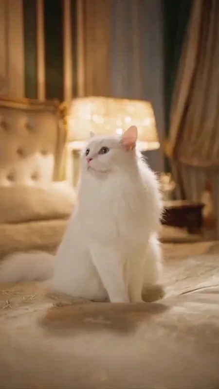 Luxurious Cat Grooming in a Dramatic Bedroom - A highly realistic, cinematic video scene featuring a stunning, elegant white cat sitting gracefully in a lavish, opulent bedroom adorned with gold accents, velvet drapes, and soft lighting. The cat's devoted owner, dressed in stylish loungewear, gently and delicately combs the cat's immaculate fur. The moment is filled with a dramatic yet tender atmosphere, highlighting the luxurious surroundings and the exquisite beauty of the cat through close-up shots and slow-motion, capturing every soft strand of fur and the emotional connection between pet and owner. - AI video generated with Sora 2