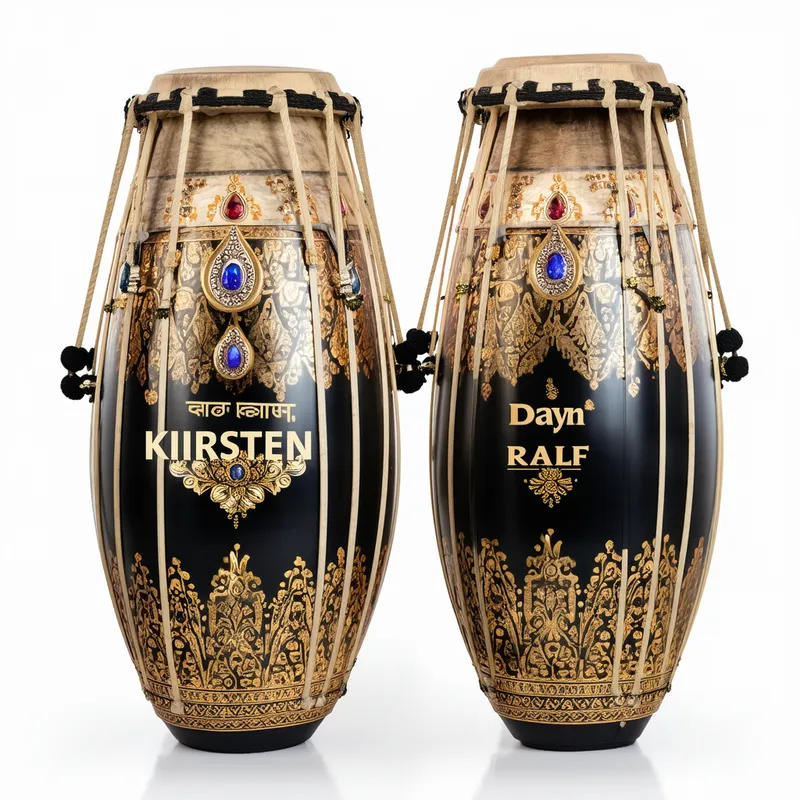 Luxurious Gemstone-Embellished Tablas - A luxurious pair of Tablas with the Bayan featuring the Indian letters spelling 'KIRSTEN' and the Dayan spelling 'RALF'. The design is adorned with gemstones, gold plating, ivory, and intricate carvings. The background fades elegantly from black to gold.