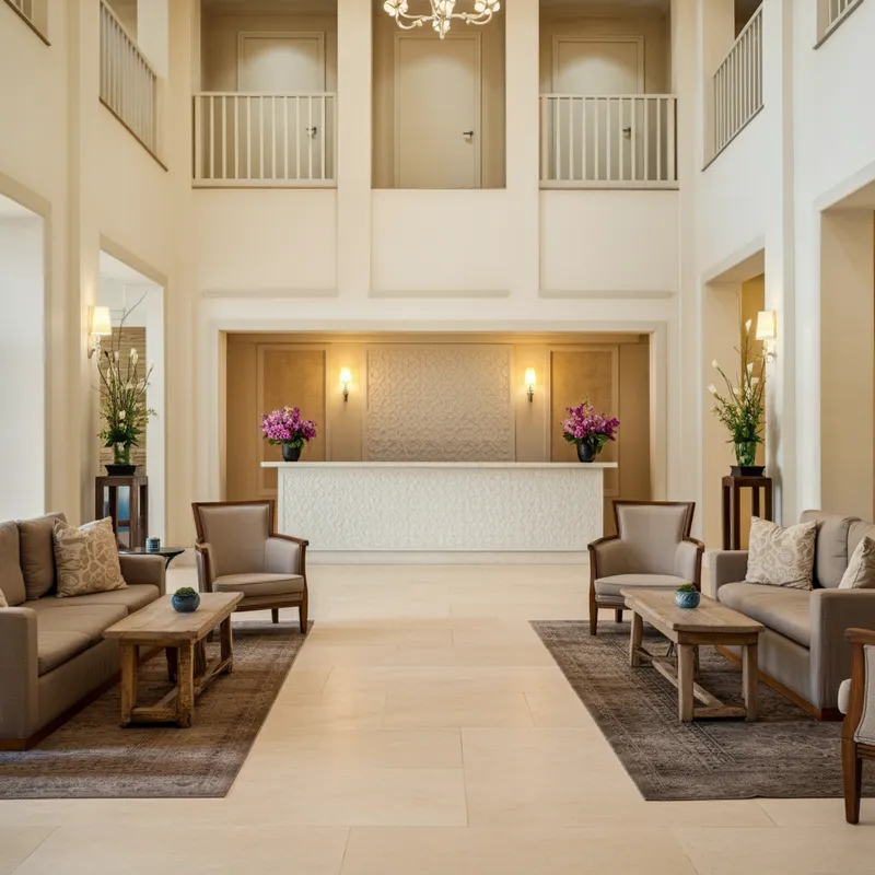 Luxurious Hotel Lobby - An expansive hotel lobby with light tan walls and a white tile floor, elegantly decorated with plush seating areas, stylish décor elements, and a grand reception desk. - AI image generated with Imagen 3