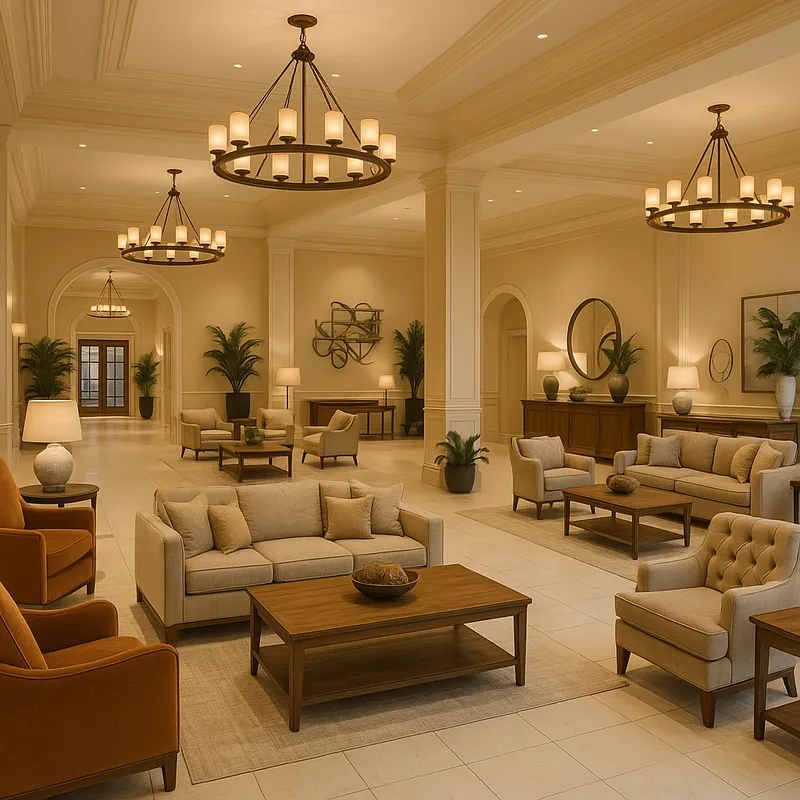 Luxurious Hotel Lobby - An expansive hotel lobby with light tan walls and a white tile floor, elegantly decorated with plush seating areas, stylish décor elements, and a grand reception desk. - AI image generated with GPT Image