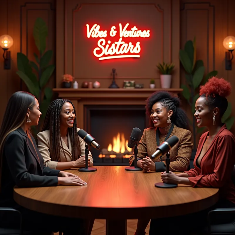 Luxury Podcast Studio with 5 Black Women - Create a 4K photorealistic image of 5 Black women in a luxury podcast studio, seated around a round wood table with mics—3 on one side, 2 on the other so the fireplace behind them is visible. A neon sign says “Vibes & Ventures Sistars Podcast.” The room has warm lighting, rich wood, and elegant decor. Hairstyles: long straight, braids, curly, bun, short red cut.

 - AI image generated with Photorealistic 2