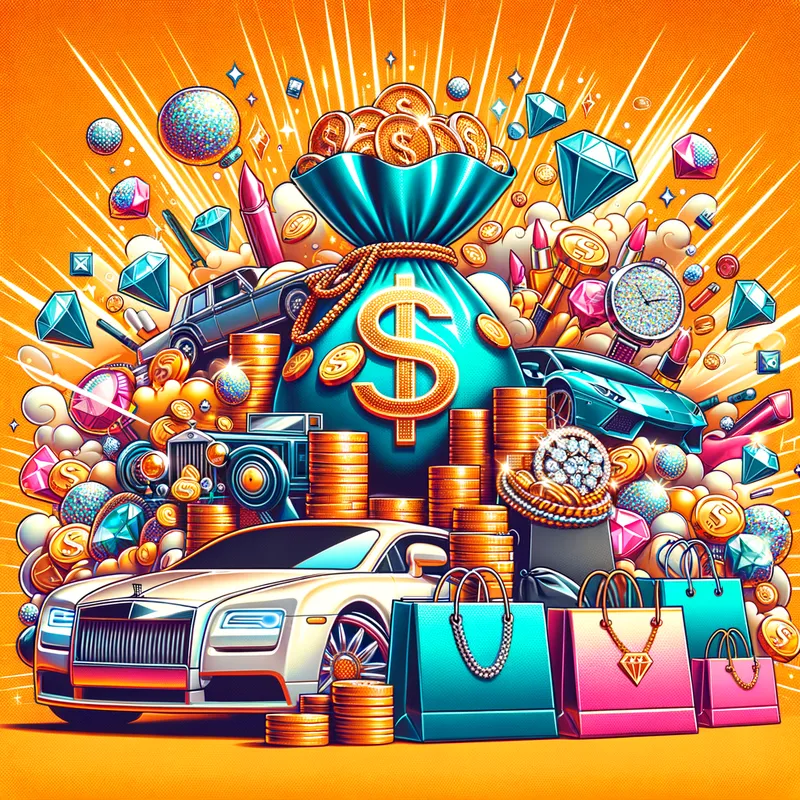 Luxury Spending Spree - A vibrant, eye-catching graphic design showcasing the concept of spending a lot of money. The scene features lavish elements like bags of money, high-end shopping bags, expensive jewelry, and luxury cars, all set against a dynamic and colorful background. The design emphasizes an extravagant and opulent lifestyle. - AI image generated with Art