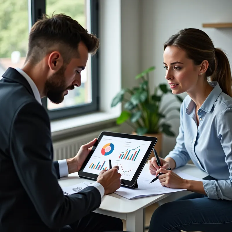 L'évaluation des compétences - Image d'un consultant assis avec un client dans un espace de travail moderne, discutant d'un CV. Le consultant montre des graphiques et des notes sur une tablette, tandis que le client prend des notes avec un air pensif. L'arrière-plan doit comporter des éléments de motivation, comme des diplômes et des certificats. - AI image generated with Photorealistic 2