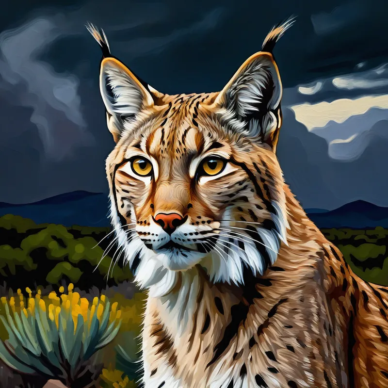 Lynx Sentinel - a female Lynx canadensis with no tail surveys the arizona landscape dark threatening skies - AI image generated with Photorealistic - oil painting with palette knife, Matisse, high resolution digital art style