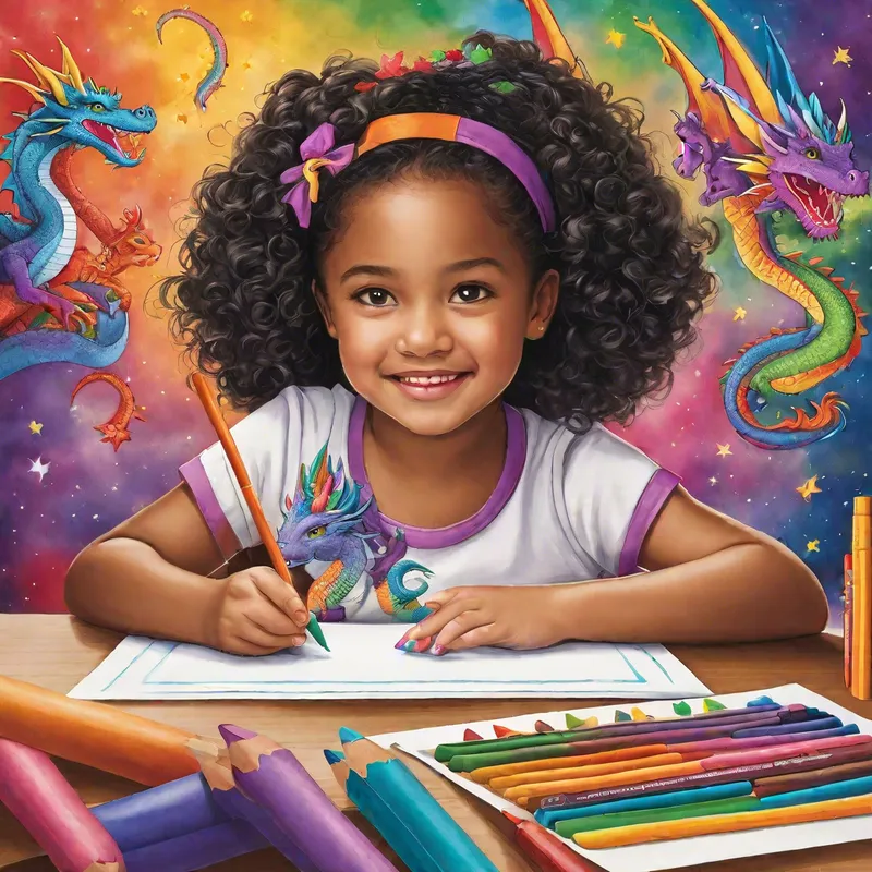 Lyric's Imaginative Cartoony Drawings - https://tangra.link/images/CartoonLyricsDanceOutfit333 A child named Lyric sits at a table drawing with crayons. The page shows colorful drawings spilling off the paper—dragons, stars, animals—hinting at a vivid imagination.
- AI image generated with Fictional - cartoony