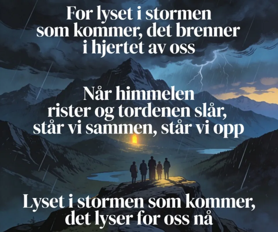 Lyset i Stormen som Kommer - Vers 1
Det mørkner over fjellene, en skygge faller tungt,
vinden bærer varsler om en natt som aldri snur.
Men langt der ute gløder noe stille, svakt og varmt,
en gnist som nekter dø, selv når verden virker arm.
Refreng
For lyset i stormen som kommer,
det brenner i hjertet av oss.
Når himmelen rister og tordenen slår,
står vi sammen, står vi opp.
Og selv om natten vil skjule alt,
så vet vi hva vi så:
Lyset i stormen som kommer,
det lyser for oss nå.
Vers 2
Regnet faller tungt som minner vi har glemt,
gamle sår blir åpnet, gamle løfter blir bekjent.
Men gjennom alt det mørke, gjennom alt som river ned,
står stemmen vår som torden — vi gir aldri mer opp fred.
Refreng
For lyset i stormen som kommer,
det brenner i hjertet av oss.
Når himmelen rister og tordenen slår,
står vi sammen, står vi opp.
Og selv om natten vil skjule alt,
så vet vi hva vi så:
Lyset i stormen som kommer,
det lyser for oss nå.
Bro
Og når bølgene reiser seg høyere enn før,
når alt rundt oss skjelver og ingen helt forstår,
da løfter vi faklene, lar dem skinne klart,
for lyset vi bærer er sterkere enn alt.
Vers 3
Stormen kan brøle, stormen kan slå,
men den kan aldri ta det vi valgte å stå for.
For håpet er en flamme som vokser når den deles,
og selv i mørkets hjerte kan en gnist bli til en helhet.
Refreng (større, mektigere)
Lyset i stormen som kommer,
det brenner i hjertet av oss.
Når himmelen rister og tordenen slår,
står vi sammen, står vi opp.
Og selv om natten vil skjule alt,
så vet vi hva vi så:
Lyset i stormen som kommer,
det lyser for oss nå.
Outro
Så la stormen komme, la vinden rope høyt,
for lyset vårt er evig, og ingen får det bøyd.
Vi går mot mørket sammen, vi går med løftet blikk,
for lyset i stormen som kommer —
det er oss, og det er sterkt. - AI video generated with Lite