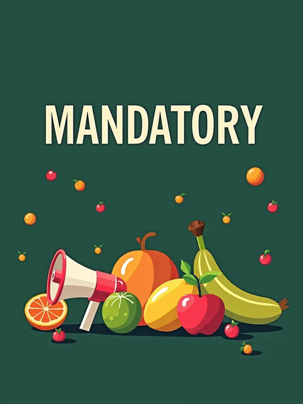 MANDATORY Notice with Fruits & Icons - Visual:

Dark green background (#2E7D32)

White text with "MANDATORY" in yellow (#FFEB3B)

Icons: megaphone + map with marker

Types of fruits scattered in the background (flat design)

💡 Suggested animation:

Fade in of the fruits

Quick entry of the text "MANDATORY" with zoom - AI image generated with Photorealistic 2