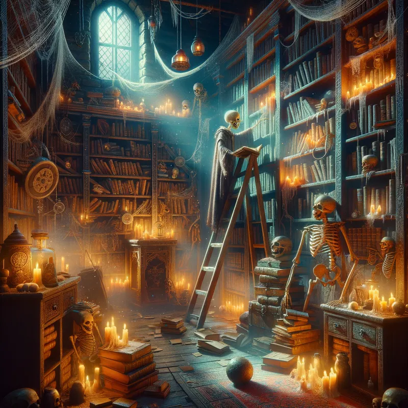 Macabre Manuscripts - A vibrant and eerie library scene with a skeleton on a ladder in search of a book from a haunted shelf filled with decrepit volumes and strange artifacts. - AI image generated with Art