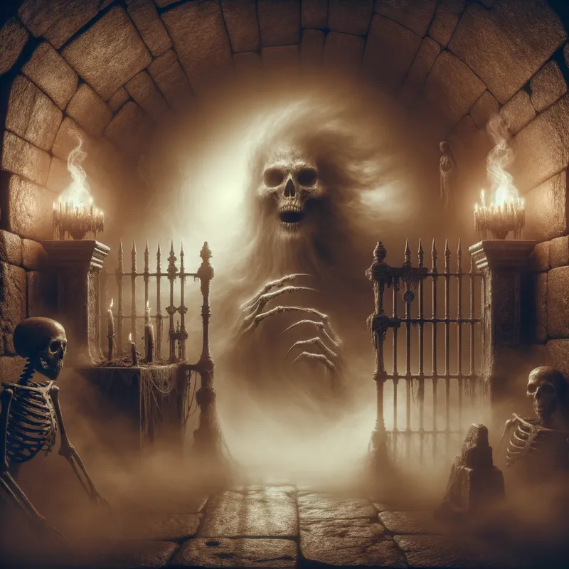 Macabre Spirit Manifestation - A ghostly figure with a skull-like face and bony hands appearing out of thin air in a torch-lit stone chamber, dense fog coiling around ancient iron bars and decaying skeletons nearby. - AI image generated with Art - fantasy art, sepia tone
