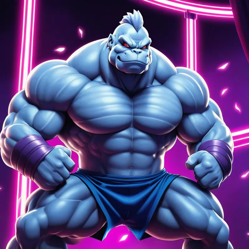 Machoke's Workout Prowess - muscular Machoke, from Pokemon, huge thick pecs, and huge jiggly thick bulge in groin area, working out, pole dancing, anime art style. - AI image generated with Photorealistic - dynamic pose