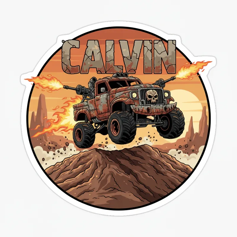 Mad Max Monster Jump - A ferocious monster truck styled in a gritty Mad Max fashion with heavy armor and flames, leaping over a huge dirt pile. Guns are mounted on the sides, firing with muzzle flashes. The word 'Calvin' appears boldly at the top. All set in a clean, circular vector sticker layout. - AI image generated with Nano Banana