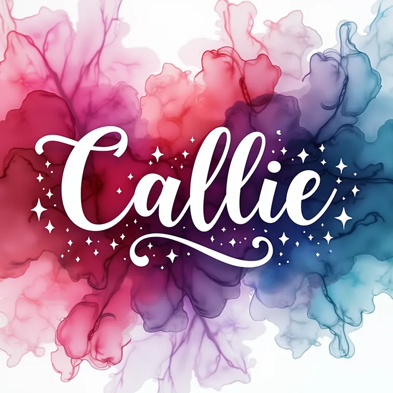 Maegan and Callie - 
A vibrant ((light and bright colorful alcohol ink background with swirling patterns of wispy smoke)), transitioning from bright pinks and purples to  cranberrys and aquas all flowing through the entire background in a ((wet watercolor style, filling the space with no amount of white background with no little stars)). Overlaying this dynamic backdrop is the exact text name 'Maegan' written in ornate, solid white fluid calligraphy with several curved trails attached. The name with exact text "Callie" is centrally positioned and is surrounded by ((several simple attached decorative trails)), emphasizing its prominence. - AI image generated with Photorealistic 2