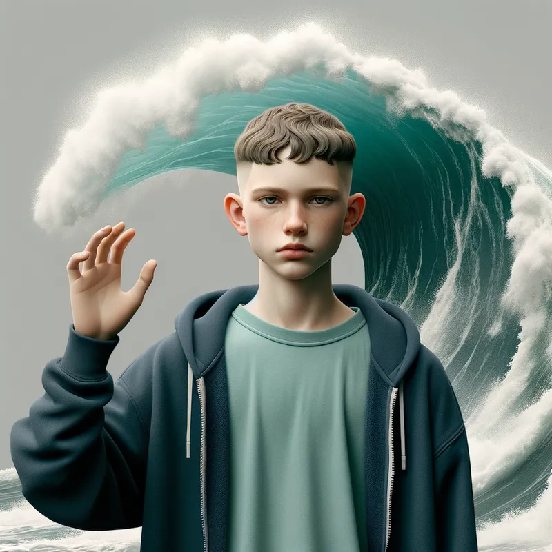Maelstrom Conduit - A very pale boy with a short light brown perm and shaved sides. Wearing a sea-green t-shirt topped with a navy hoodie and black joggers, he stands below a massive, foaming wave poised to crash. His hand is raised as though directing the wave, with a serious expression etched on his face. - AI image generated with Art