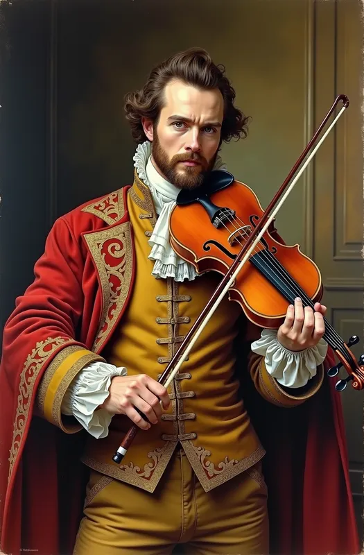 Maestro in Golden Chiaroscuro - A WATERCOLOR AND LINE WASH  painting. Medium shot. A classical violin Maestro poses confidently in rich 1700s attire. His violin rests under his chin, bow poised. Dramatic chiaroscuro lighting illuminates his determined expression. The background is a dimly lit chamber, hinting at an opulent past. Golden hues and deep shadows create a sense of gravitas and mastery.

Keywords: Rembrandt, Goya, fusion style, WATERCOLOR AND LINE WASH, dramatic lighting, chiaroscuro, 18th century, master musician, confident pose, rich textures, ornate attire, masterful brushwork, high resolution, art masterpiece, cinematic colo - AI image generated with Flux