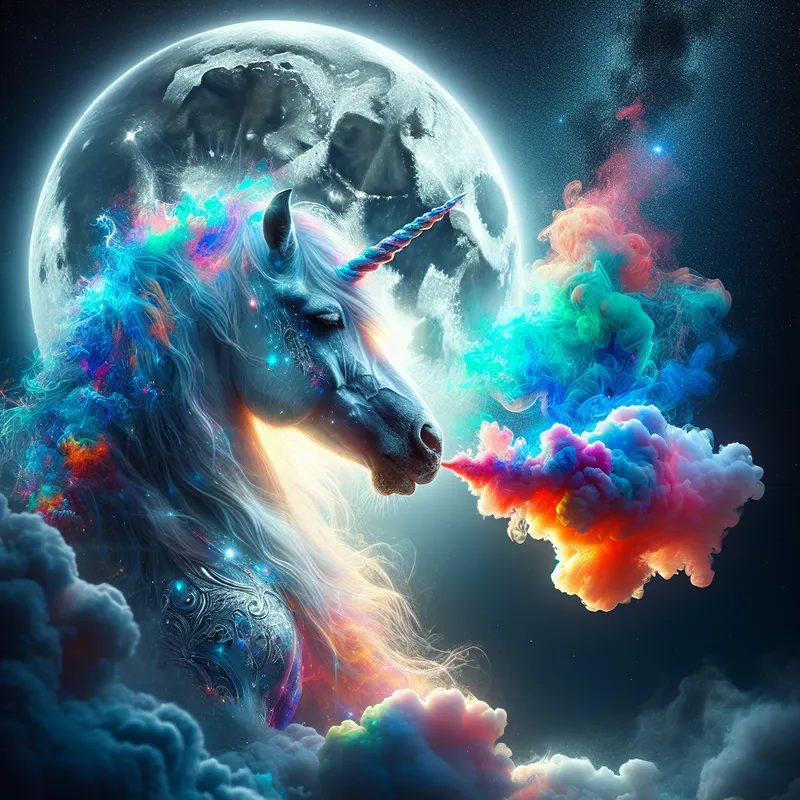 Magical Blaze - A majestic unicorn glowing under moonlight, exhaling a puff of colorful, psychedelic smoke with a serene expression. The scene is bathed in ethereal light with a slight haze surrounding the unicorn. - AI image generated with Art