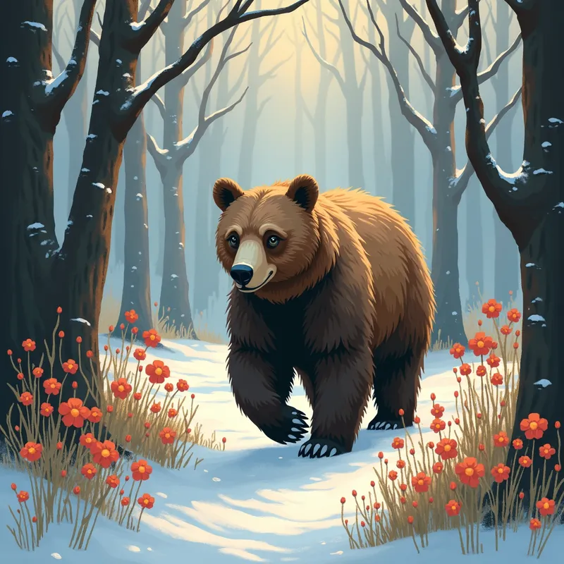 Magical Bloom Bear - A bear walks through the forest. The bear is a magical bear; everywhere the bear goes, flowers bloom. The bear makes winter blossom. - AI image generated with Photorealistic 2