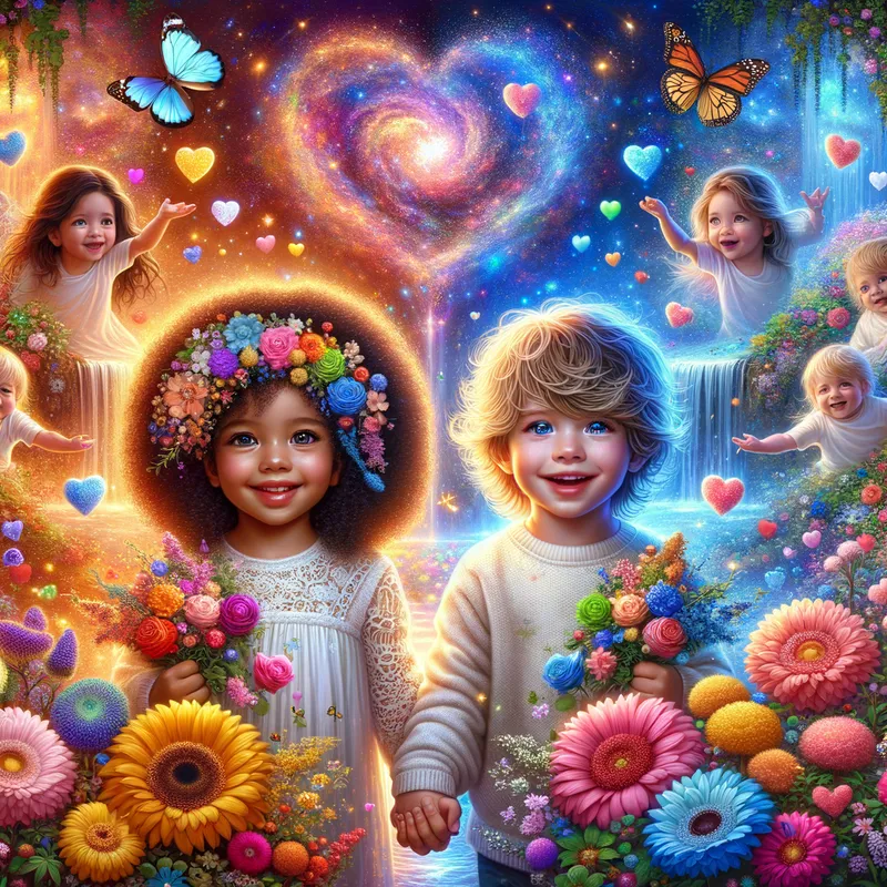 Magical Childhood Wonderland - cute toddler girl and toddler boy with fuzzy messy rainbow hair smiling, glitter, Rhonda flowers, galaxy, butterfly's, hearts, sparkles, universe, firefly's, waterfall, garden, fantasy forest, beautiful lit, insanely detailed, stunning environment, spiritual, colorful, illustration, enchanting, fantasy, vibrant colors, incredibly lifelike, realistic, heaven - AI image generated with Art