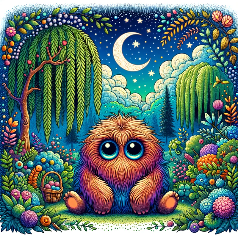 Magical Meadow Muse - A bold, decorative illustration showcasing a whimsical, fuzzy monster with inviting, big eyes sitting amid a lush, fantasy forest, surrounded by a vibrant garden, a willow tree, and a dreamlike, glittering landscape with a crescent moon and clouds. - AI image generated with Art