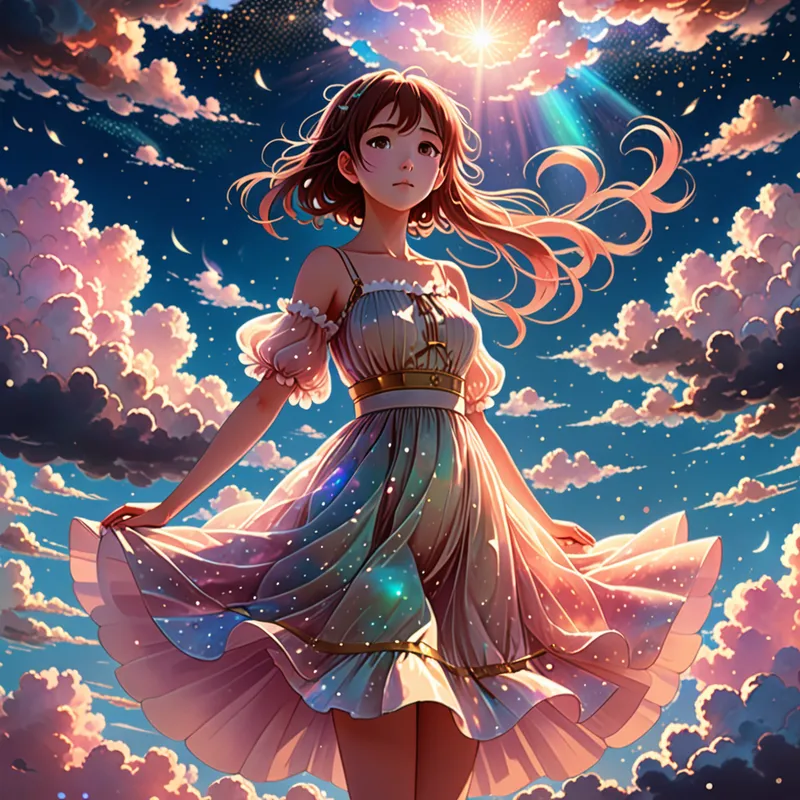 Magical Sky Princess - A beautiful anime girl floating in a glowing fantasy sky, surrounded by clouds, sparkles, and soft pastel light, elegant dress, dreamy atmosphere, highly detailed and whimsical. - AI image generated with Fictional - ghibli, Giorgione