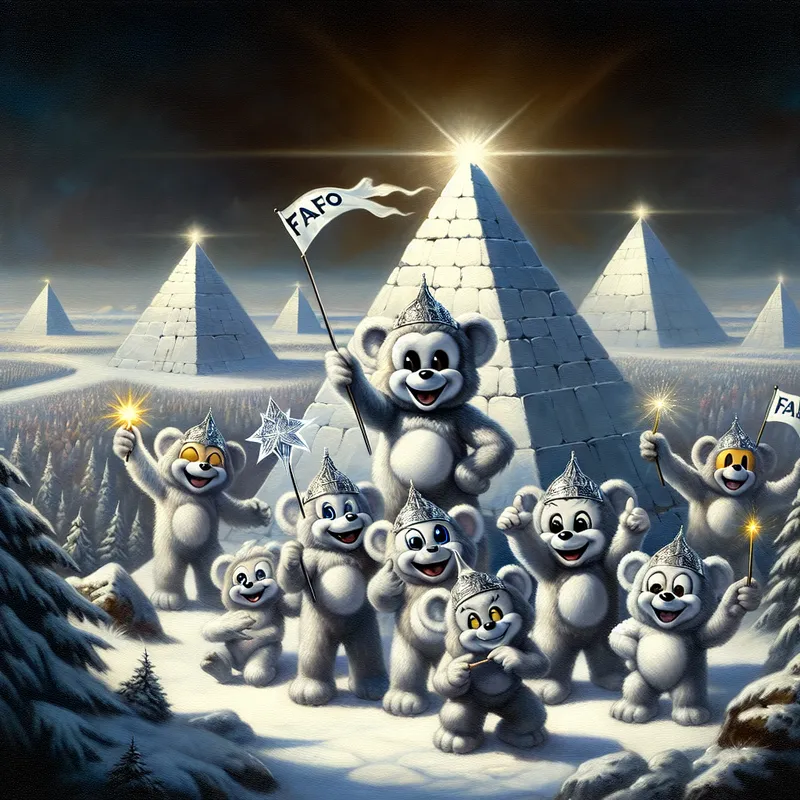 Magical Snow Pyramid Gathering - Amidst a wintry landscape of frosty pyramids, a group of happy Care Bears wave 'FAFO' flags and strike playful poses. Each bear wears a silver tin foil hat and carries a radiant magic wand. The leader is distinguished by an ornate crown, and everyone looks delighted. - AI image generated with DALL-E 3 - dark tones, highlights: Nikon D700, Nikkor 50mm 1.8, cartoony