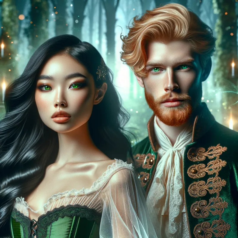 Magic in the Woods - A beautiful young woman with flowing black hair and green eyes paired with a regal fae prince with ginger hair and green eyes. The two stand in an enchanted forest, the air shimmering with mystical lights and surrounded by otherworldly plants. - AI image generated with Art
