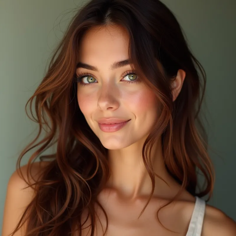 Magnetic Grace - A petite young woman in her mid‑20s with a soft, inviting aura. She has long, slightly wavy dark chestnut hair with sunlit auburn highlights that shimmer in movement. Her eyes are a vivid jade green with flecks of gold, playful and mischievous, framed by long dark lashes. Her skin is smooth and fair with a natural rosy warmth, like she’s always just a little flushed from laughter or being kissed. Her lips are full, naturally pink, and curve easily into a teasing smile. She has a slender, fit build with subtle curves, radiating both energy and comfort, standing at 5’2” with a dancer’s grace. Her overall look is effortlessly magnetic—equal parts cozy girl‑next‑door and mischievous heart‑stealer. - AI image generated with Photorealistic 2 - master shot, photorealistic, dynamic pose