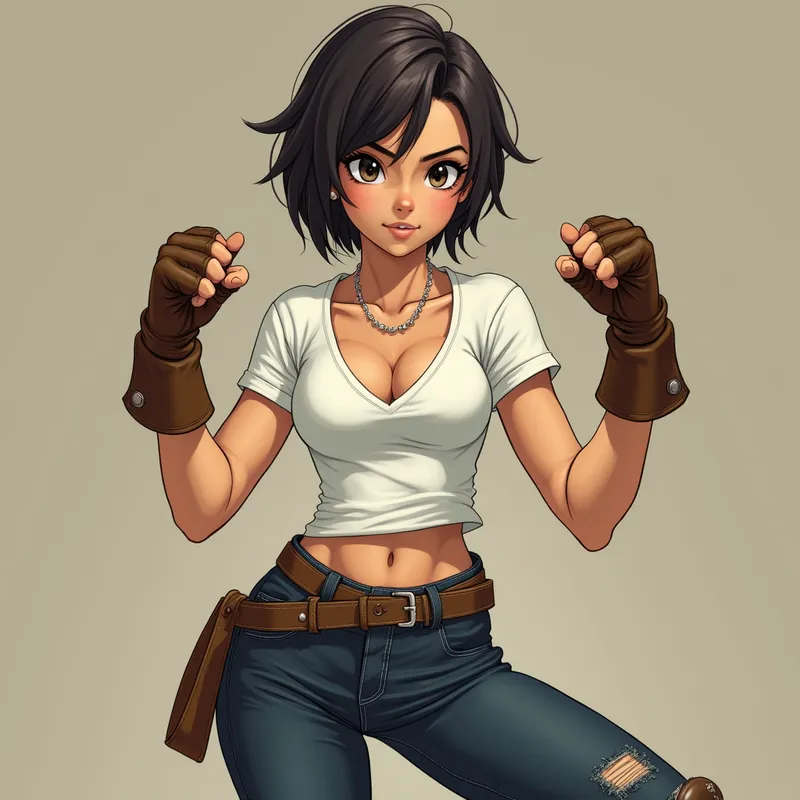 Magnificent Alien Fighter - An awe-inspiring depiction of a young, 19-year-old alien girl warrior, featuring an incredibly beautiful face and captivating eyes, with stylish short hair. Outfitted in a plunging white t-shirt, high-quality brown leather gloves, dark blue denim jeans, and striking brown-kneed riding boots. She poses in a dominant fighting stance, reminiscent of Dragon Ball Z animation. - AI image generated with Photorealistic 2