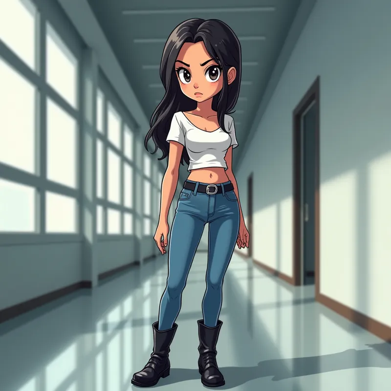 Magnificent Asian Girl in White T-shirt - A stunning Asian girl with sublime facial features, wearing a white low-cut t-shirt and blue low-rise jeans. She stands confidently in a modern corridor lined with windows, looking at the viewer with a contemptuous expression. Her outfit is completed by shiny, stiff black leather riding boots. - AI image generated with Photorealistic 2 - cartoony