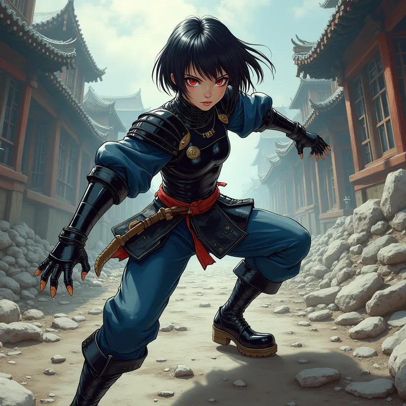 Magnificent Space Huntress - A captivating Japanese warrior girl, just 16, with flamboyant red eyes and gorgeous short hair. Wearing high-gloss black leather battle armor, stitched leather gloves, and deep blue leather trousers with elegant black riding boots, she prowls through a ruined city. She looks feral and unhinged, striking forward with a karate punch in a dynamic Hokuto no Ken-inspired manga scene. - AI image generated with Photorealistic 2