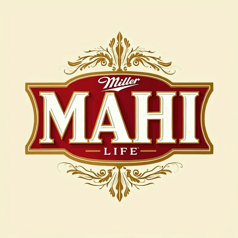 Mahi Logo in Miller High Life Font - A clean and classic depiction of the word 'MAHI' rendered in the iconic font style of the Miller High Life beer logo, with a vintage feel, gold and red color accents, and an elegant, retro beer label atmosphere. - AI image generated with Photorealistic 2