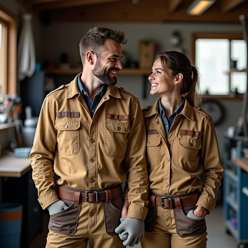 Maintenance Duo - A heartwarming scene depicting a couple wearing matching maintenance work clothes. They are standing side by side, holding hands with smiles on their faces. Their outfits consist of rugged, durable fabric with tool belts and gloves. The background shows a workshop with various tools and machinery, creating a cozy and industrious atmosphere. The image captures the essence of teamwork and love in a working environment. - AI image generated with Photorealistic 2