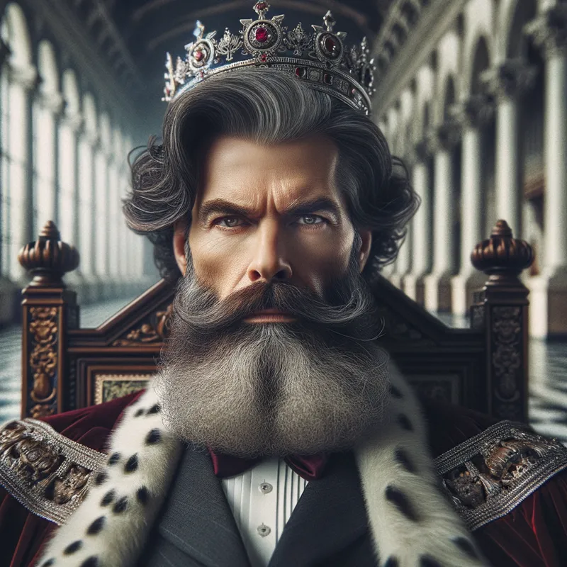 Majestic Authority - The image of a fifty-year-old king exuding power and confidence, with a splendid crown on his head and a lengthy beard. He sits with a stern, unyielding expression on his magnificent throne in a majestic hall. - AI image generated with Art