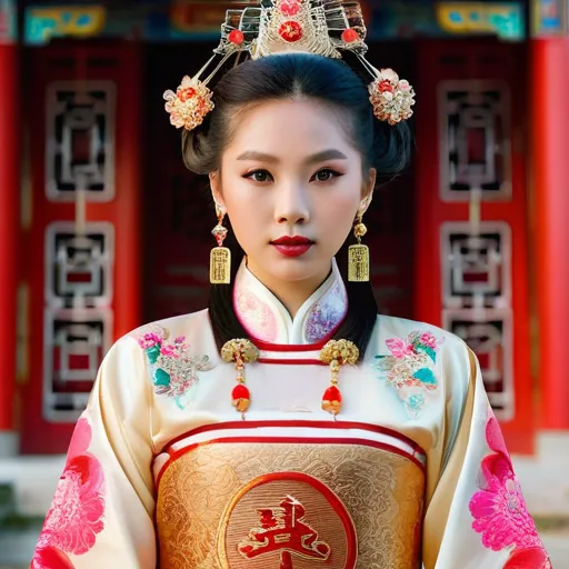 Majestic Beauty - A portrait of an Asian girl adorned in a richly decorated traditional Chinese dress, with elaborate hairpins and jewelry, posing gracefully in front of an ancient Chinese temple. - AI image generated with Photorealistic