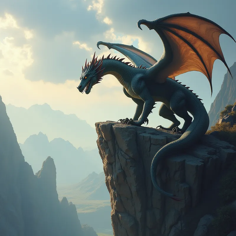 Majestic Dragon on a Sunlit Cliff - A dramatic scene of a large dragon perched on a rugged cliff overlooking a vast landscape. The dragon’s wings are partly unfurled, scales glistening in the sunlight, with sharp talons gripping the rocky ledge. The background features a dramatic sky with clouds and shafts of light, emphasizing the dragon’s majestic presence. - AI image generated with Photorealistic 2